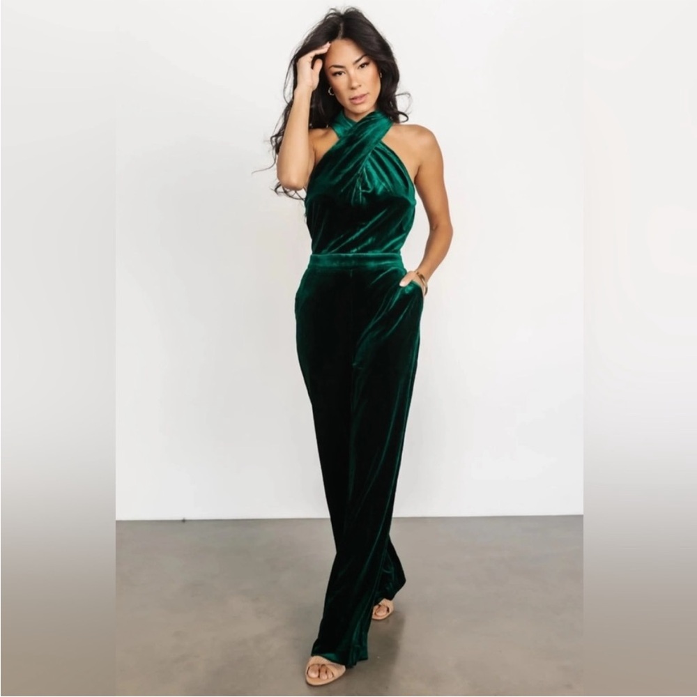 Baltic Born Emerald Green Cleopatra Velvet Twisted Wide Leg Jumpsuit Size Medium